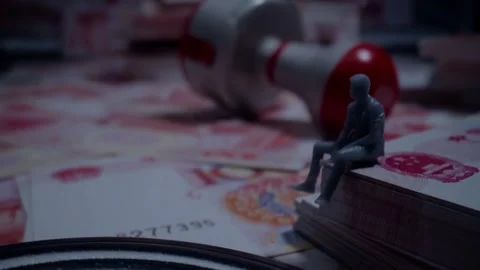 Red Stamp on Currency Banknotes with Handcuffs and Miniature Figure Stock Footage 339068571