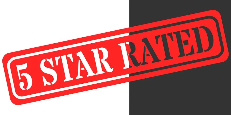 Red stamp declaring five star rated status against split background Stock Illustration