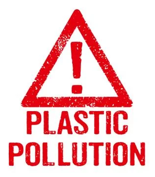 A red stamp on a white background - Plastic pollution 库存照片