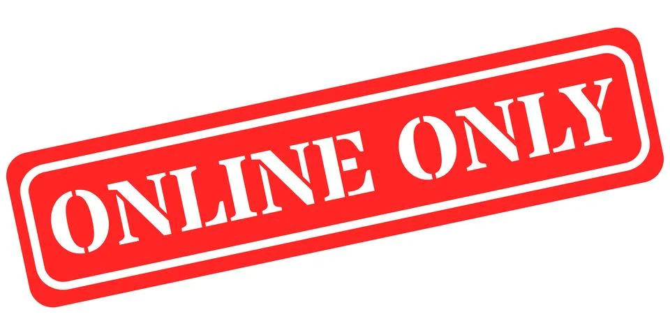 Red stamp with white text declaring online only Stock Illustration