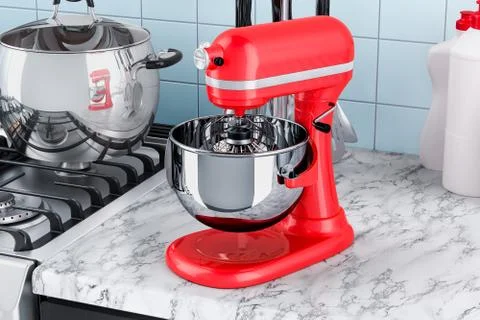 Red stand kitchen mixer on the kitchen table. 3D rendering Stock Illustration