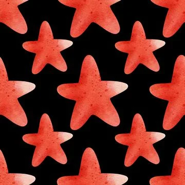 Red star doodles on black background, starry seamless pattern for wallpaper, Stock Illustration