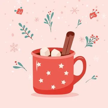 Red star patterned mug filled with hot cocoa, marshmallows, and a cinnamon st Stock Illustration