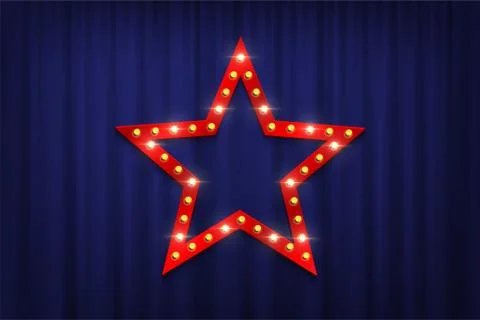 Red star sign with light bulbs on theatre blue curtain background. Vector design Stock Illustration