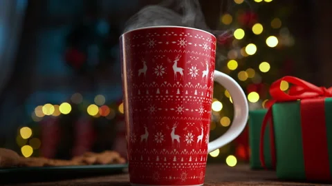 Red Steaming Mug of Hot Cocoa with Creamy Foam on Top on Christmas Stock Footage 208931863