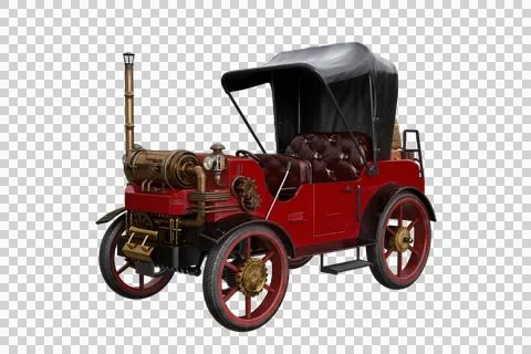 Red steampunk styled steam powered vintage motor car. 3D rendering isolated. Stock Illustration