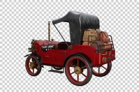 Red steampunk styled steam powered carriage with luggage on the back. 3D il.. Stock Illustration