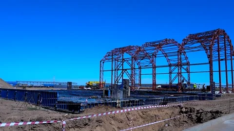 Red steel structure against blue sky. Stock Footage 340897075