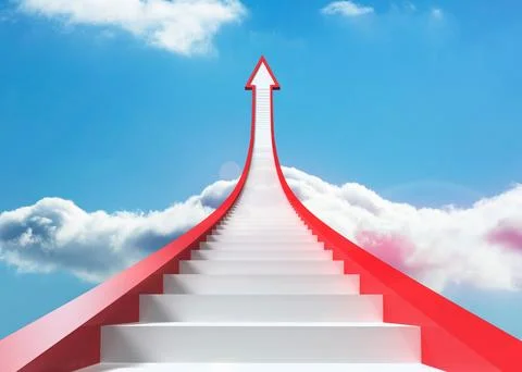 Red steps arrow pointing up against sky Stock Illustration
