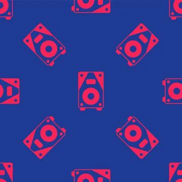 Red Stereo speaker icon isolated seamless pattern on blue background. Sound Stock Illustration