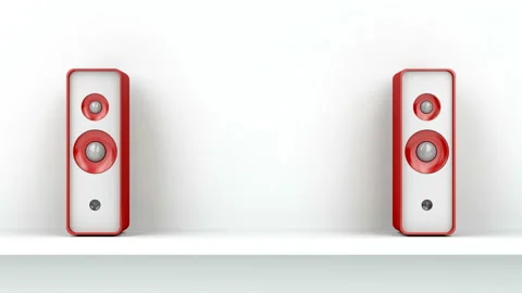 Red stereo speakers on white shelf Stock Footage