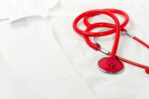Red stethoscope on white background, close up Foto stock