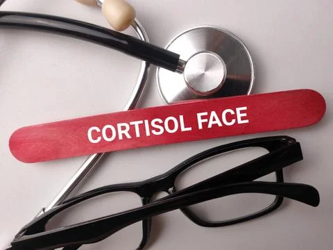 A red stick labeled CORTISOL FACE sits beside black glasses and a stethosco.. Stock-Fotos