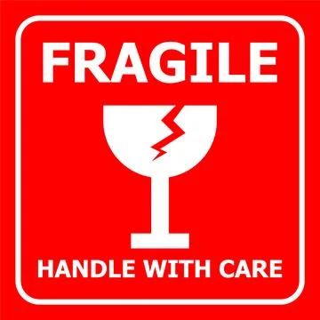 Red sticker featuring a white broken wine glass icon and bold text "FRAGILE.. Stock Illustration