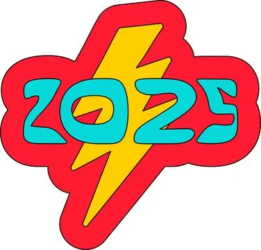 Red Sticker With Text 2025 And Lightning. Retro Y2k Style Stock-Illustration