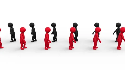 Red Stickmans walk another way than the crowd of black stickmans. Stock Footage 172003200