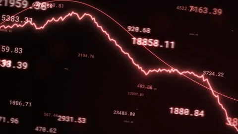 Red stock market line chart falling downward with floating index numbers Vídeo Stock 344780232