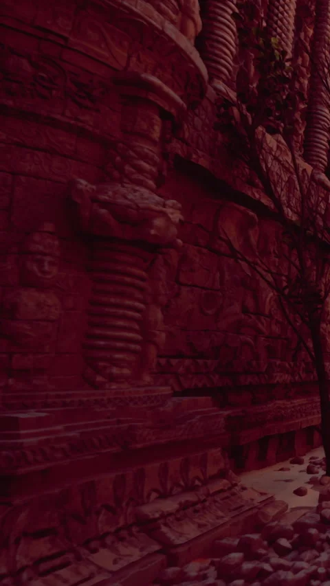 Red stone wall with carvings and a tree in the foreground during dusk Stock Footage 342348595