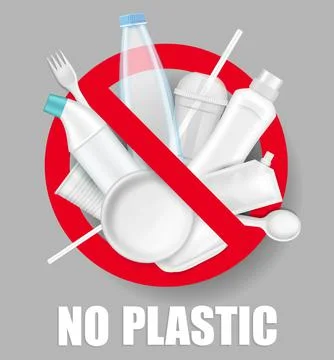 Red stop sign, plastic bottles, plates, cups, spoon, fork, vector illustration Stock Illustration