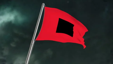 Red Storm Warning Flag with Black Square Against Dark Clouds Stock Footage 340898001