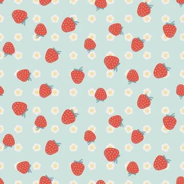 Red strawberries on blue seamless vector pattern Stock Illustration