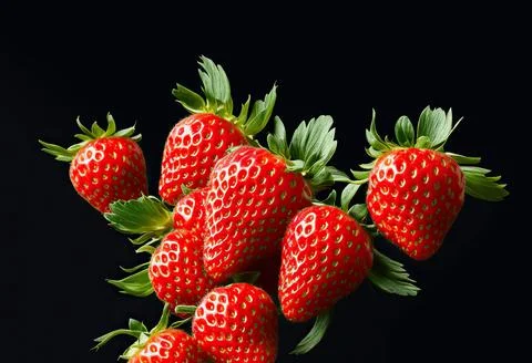 Red strawberries falling on black background Stock Illustration