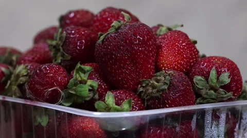 Red Strawberries In A Plastic Tray. Rotation Of Ripe Strawberry. Close Up. 60 FP 스톡 동영상 203851702