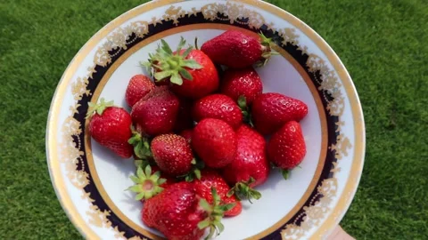 Red strawberries on a plate Stock Footage 134786242