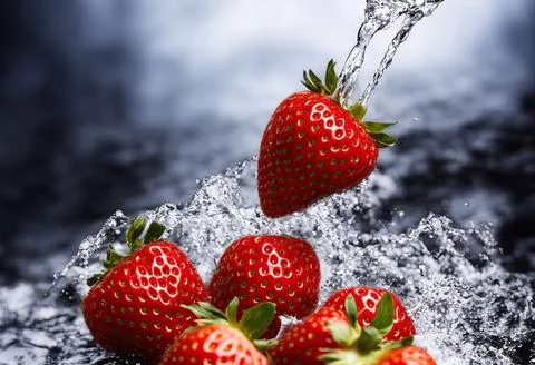 Red strawberry falling into water splash Stock Illustration