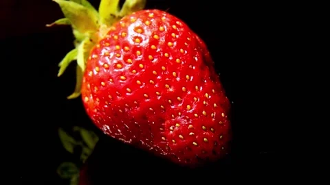 A red strawberry on a glossy black surface lies and rotates. Stock Footage 197000531