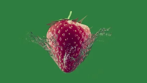 A red strawberry with green background and splashing on screen falling into Video stock 335129765