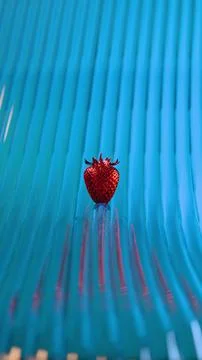 Red strawberry on reflective blue surface with vertical ridges.... Stock Illustration