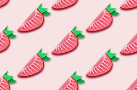 Red Strawberry seamless pattern in paper cut style. Origami Healthy food on pink 스톡 일러스트
