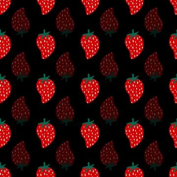 Red strawberry vector repeat pattern on black background Stock Illustration