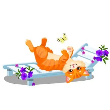 Red striped animated cat lying on a sunbed and playing with a butterfly isolated Stock Illustration