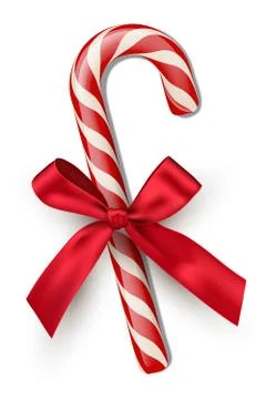 Red striped candy cane with red bow isolated on white background. Vector Stock Illustration