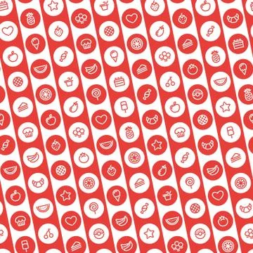 Red Striped Seamless Pattern with Dessert and Fruits Icons Stock Illustration
