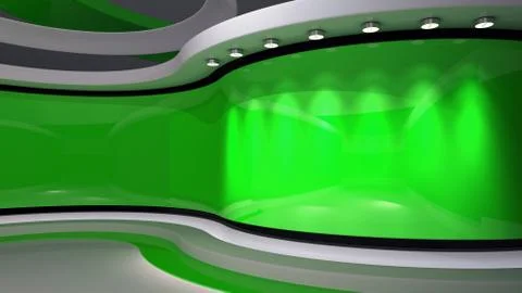 Red Studio. Green backdrop. News studio. Breaking news. 3d rendering. Stock Illustration