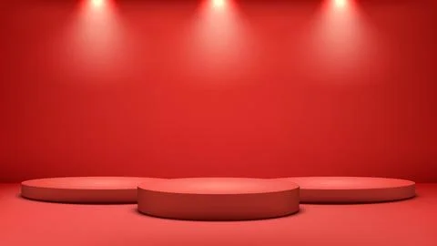 Red studio podium scene with vibrant round platforms and overhead spotlight.. Stock Illustration