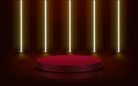 Red studio with round platform and neon glow. 3d vector illustration Stock Illustration