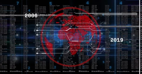 Red stylized globe being animated in UI, showing progress meter, code columns, Stock Footage 308659545