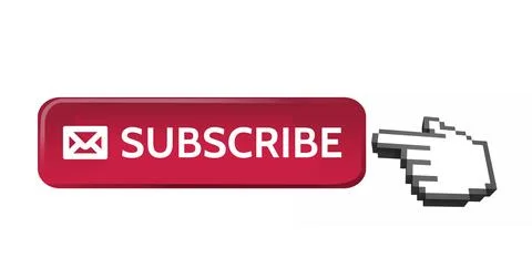 Red subscribe button with envelope icon and pixelated hand cursor pointing Stock Illustration