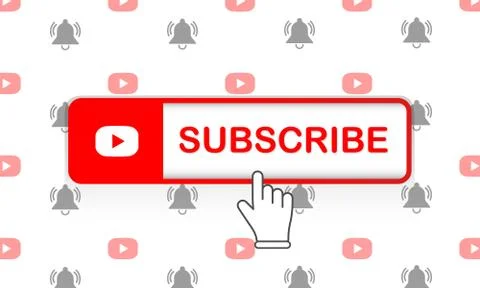 Red subscribe button with mouse pointer and notification bell and media playe 库存插图