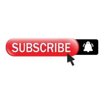 Red subscribe button with white bell icon inside black rectangle and text eff Stock Illustration
