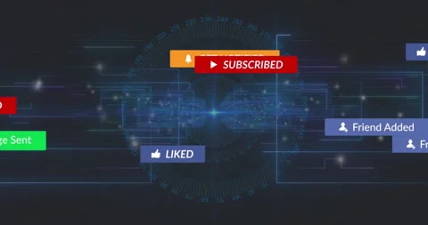 Red SUBSCRIBED button hovering center, glowing 3D neon circuit lines connecting Stock Footage 307468738