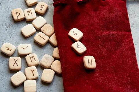 Red suede, leather bag. Handiwork. For runes, cards. Stock Photos