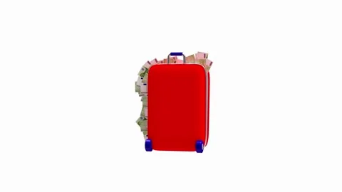 Red suitcase filled with euro banknotes spins, 3D animation. Stock Footage 335596592