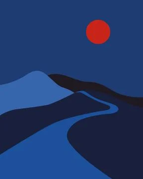 Red sun hangs above blue hills and winding river. Stock Illustration