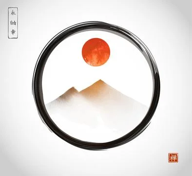 Red sun over the mountain in circle. Traditional oriental ink painting sumi-e, u Illustrazione stock
