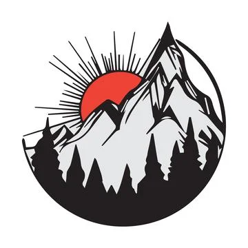Red Sun Setting Behind Grey Mountains Black Silhouettes Pine Trees Circular.. Stock Illustration